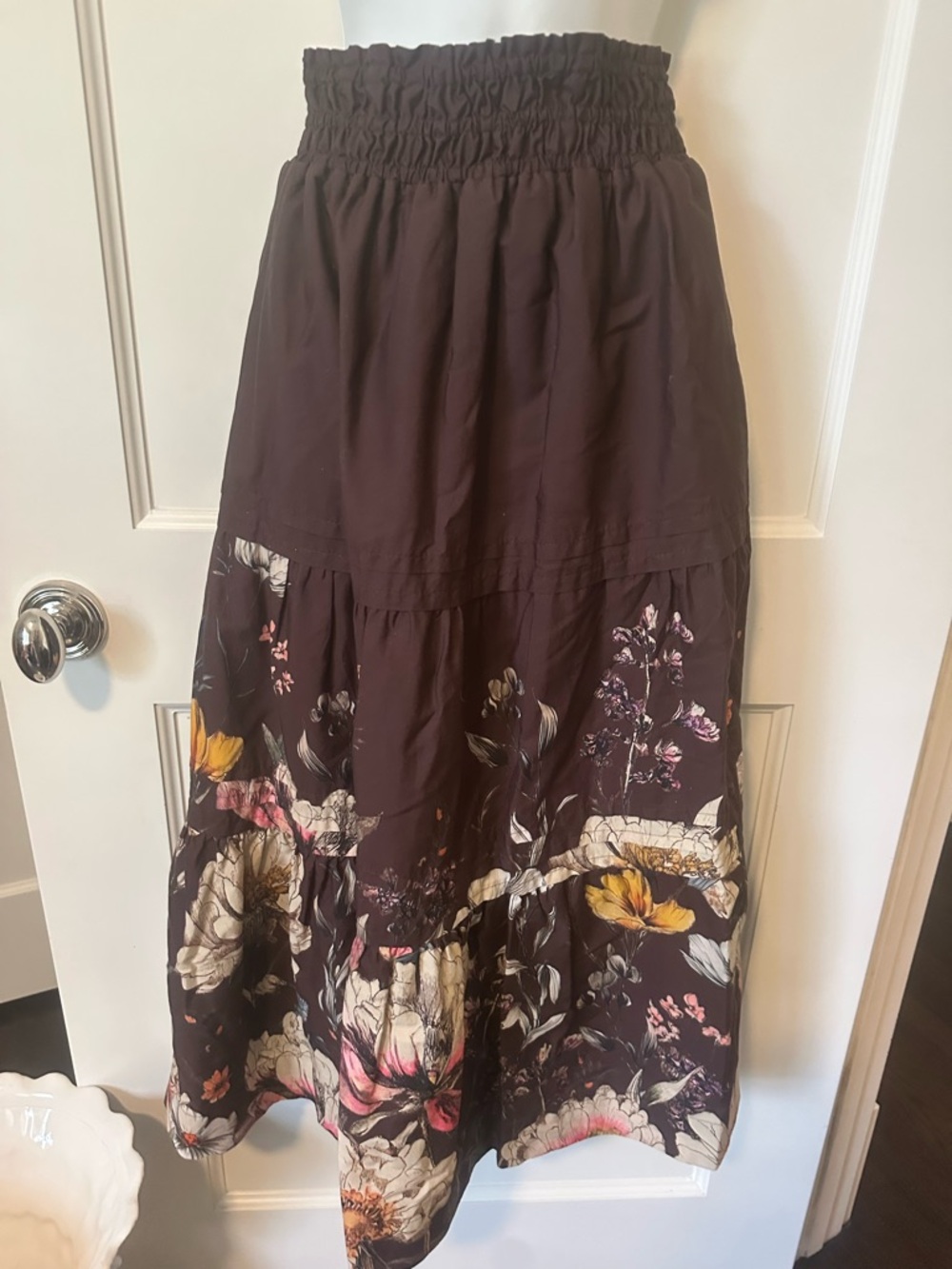 Anthropologie Brown Midi Skirt with Floral Border
